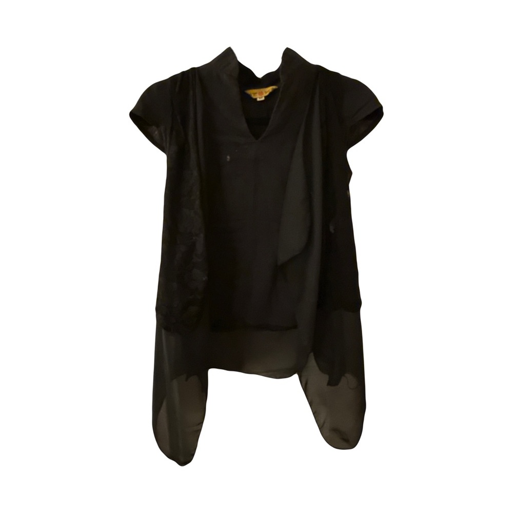 Black Short Sleeve Blouse w/ Lace Vest Overlay